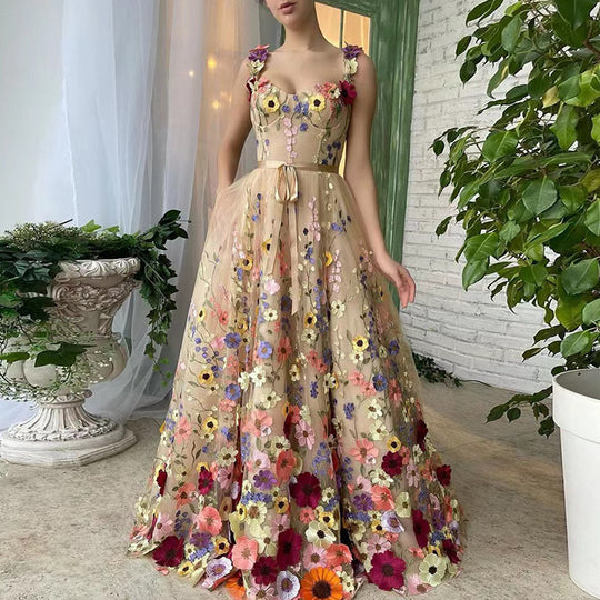 Damen Blumengesticktes Tüllkleid mit Taillengürtel und A-Linien-Silhouette EB