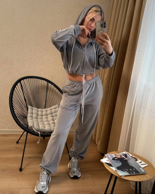 Damen Samtiges Cropped-Zip-Hoodie-Set mit Tunnelzugbund und weitem Lounge-Sweathose EB
