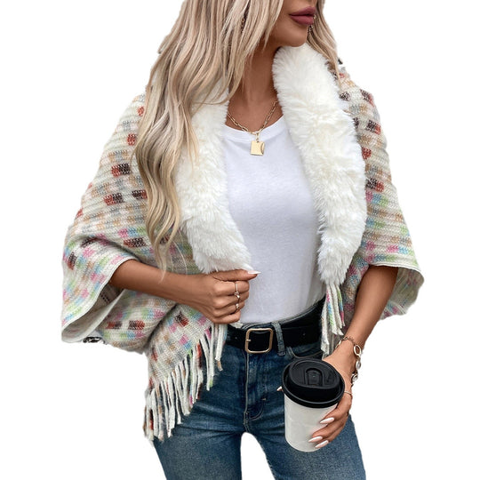 Damen eleganter Poncho mit luxuriösem Kunstfellkragen und Fransen EB