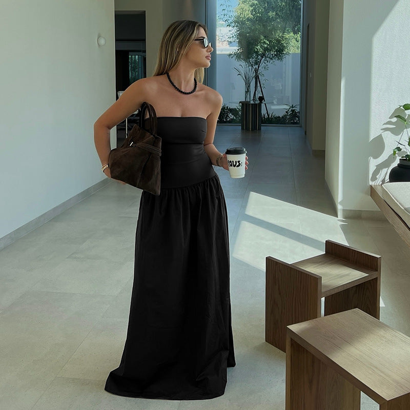Damen elegantes Bandeau-Maxi-Kleid mit schwingendem Rock und elastischem Bund EB