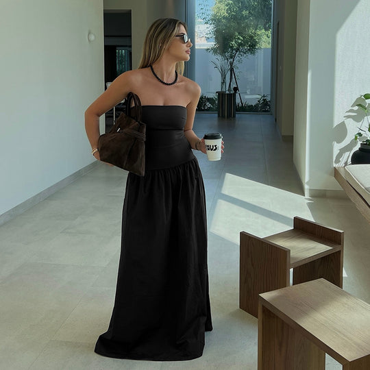 Damen elegantes Bandeau-Maxi-Kleid mit schwingendem Rock und elastischem Bund EB