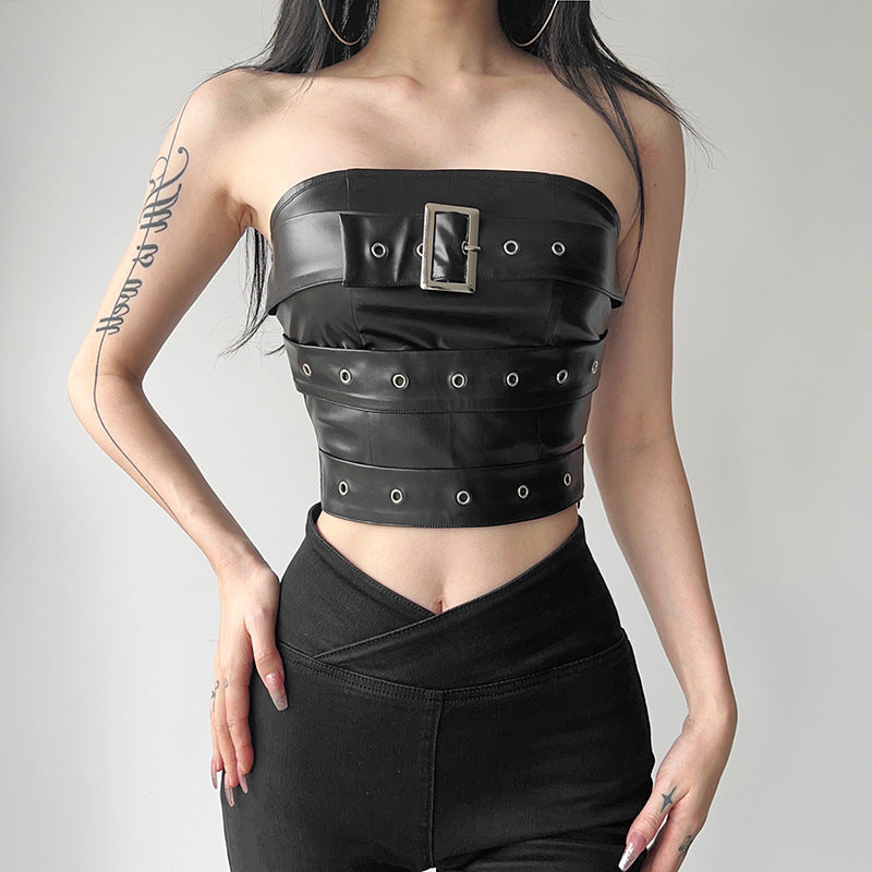 Damen Couture Oberteil aus Leder mit dekorativen Schnallen und Ösen EB