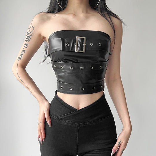 Damen Couture Oberteil aus Leder mit dekorativen Schnallen und Ösen EB