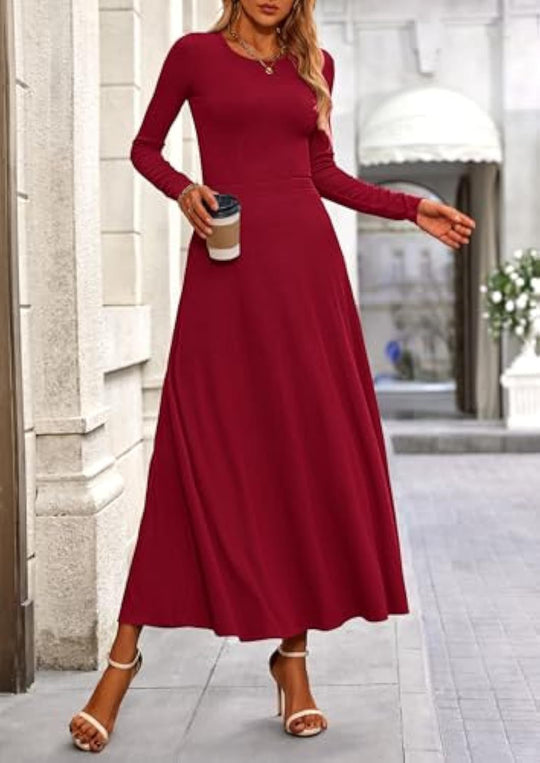 Damen Langärmeliges Maxikleid mit tailliertem Oberteil und fließendem A-Linien-Rock EB