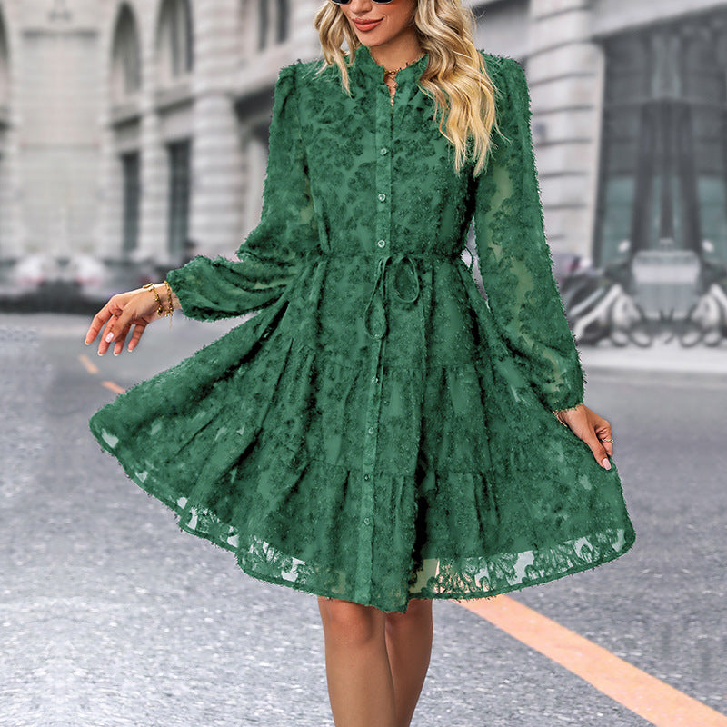 Damen Kleid im romantischen Boho-Stil mit Knopfverschluss und Bindegürtel EB