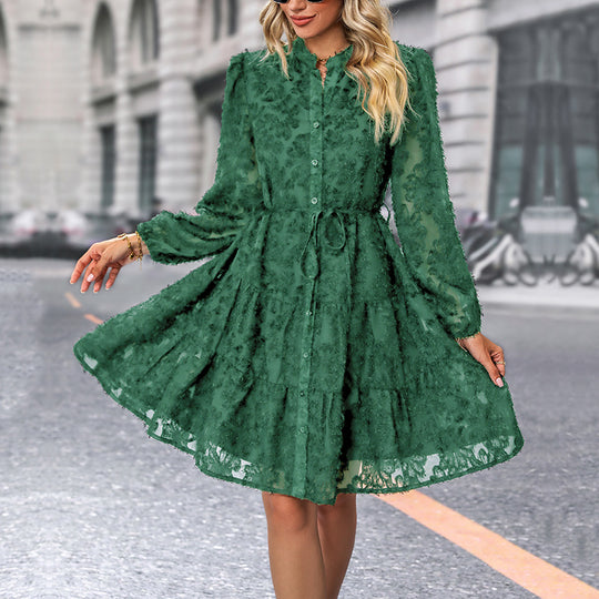 Damen Kleid im romantischen Boho-Stil mit Knopfverschluss und Bindegürtel EB