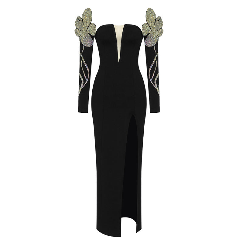 Damen Elegantes Abendkleid mit glitzernden Flügel-Applikationen und tiefem V-Ausschnitt EB