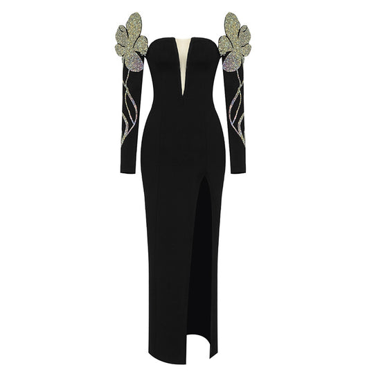 Damen Elegantes Abendkleid mit glitzernden Flügel-Applikationen und tiefem V-Ausschnitt EB