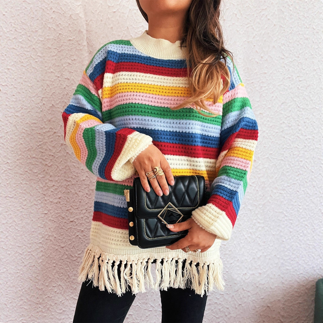 Damen entzückender Pullover mit Fransen und buntem Streifenmuster EB   