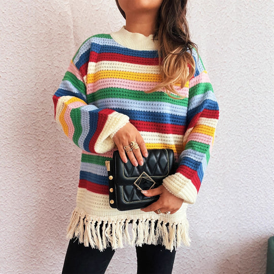Damen entzückender Pullover mit Fransen und buntem Streifenmuster EB   