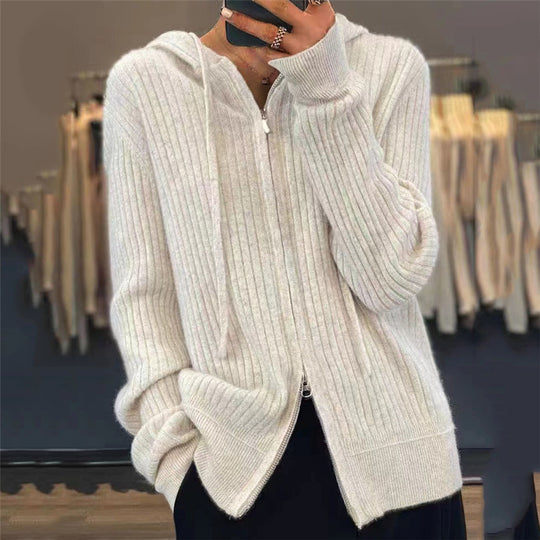 Damen nan oversized Rippstrick-Kapuzencardigan mit Zwei-Wege-Reißverschluss und Kaschmir-Blend EB