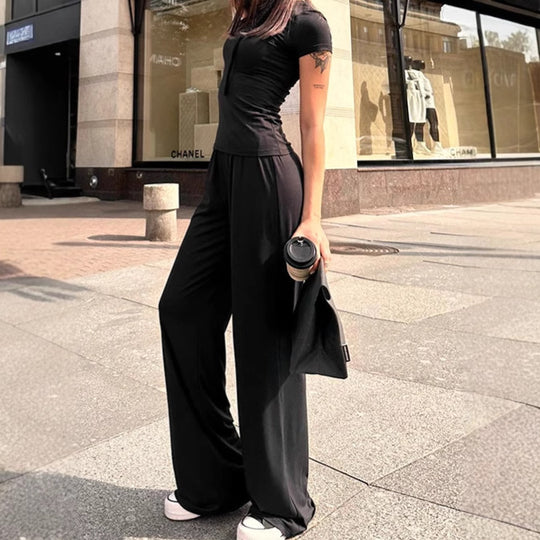 Damen Modisches Langarm-Crop-Top und lange Hose Set EB