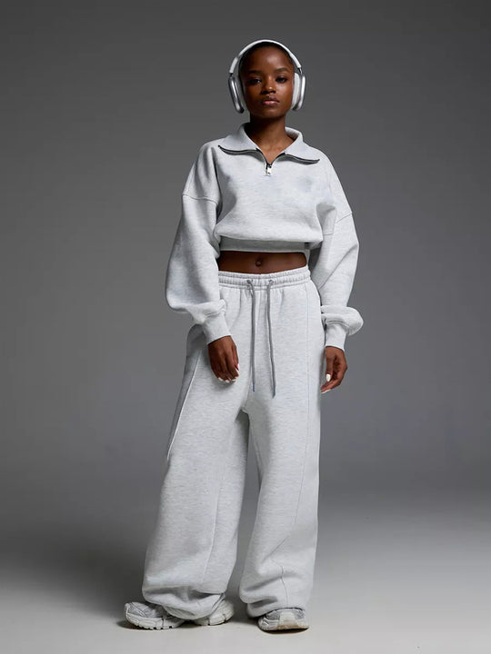 Damen nan kurzes Half-Zip Sweatshirt-Set mit hochtaillierter weiter Lounge-Jogginghose EB