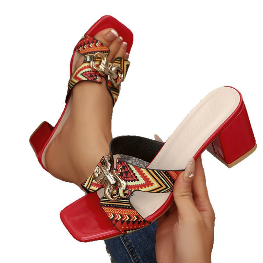 Damen Elegante Blockabsatzsandalen mit geschmackvollem Muster und modischem Riemendesign EB