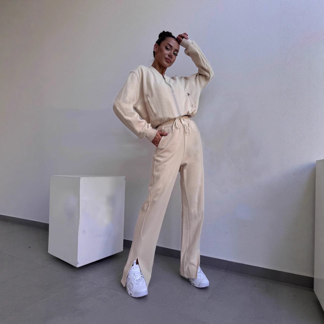 Damen Loungewear-Set mit Kurzzip-Jacke und High‑Waist‑Jogginghose mit Seitenschlitz EB