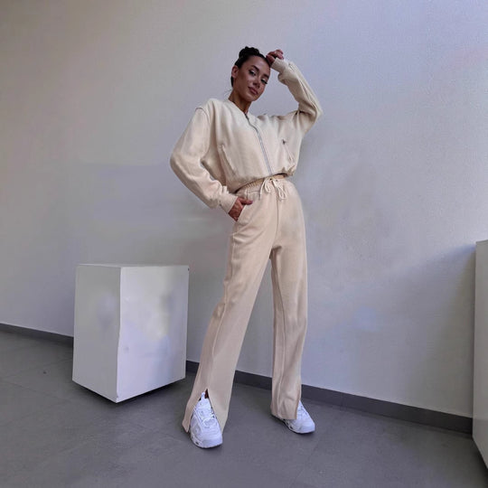 Damen Loungewear-Set mit Kurzzip-Jacke und High‑Waist‑Jogginghose mit Seitenschlitz EB