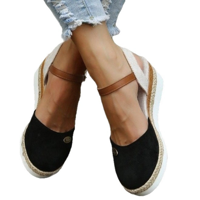 Damen Wedgesandalen mit elastischem Riemen und Jute-Applikation EB