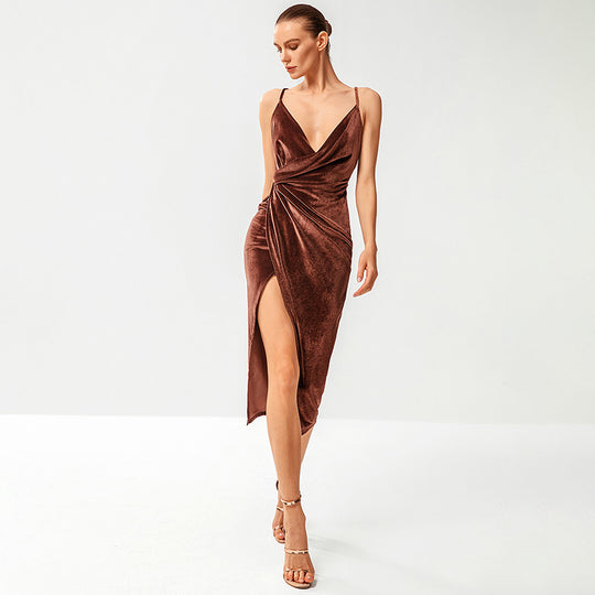 Damen Elegantes Wickelkleid mit hohem Beinschlitz und Spaghettiträgern EB