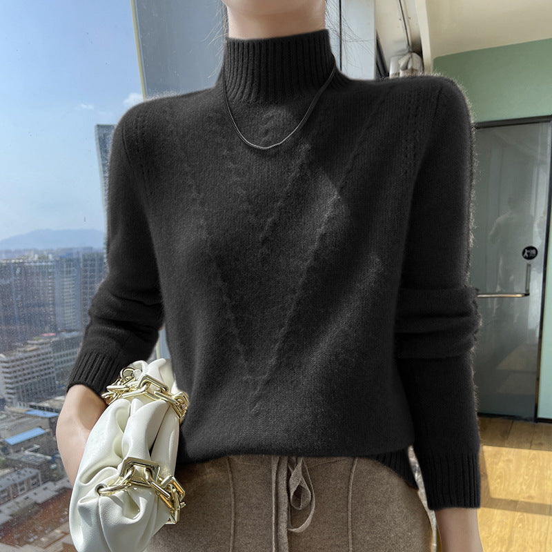Damen weicher Strickpullover mit hohen Kragen und V-Design EB