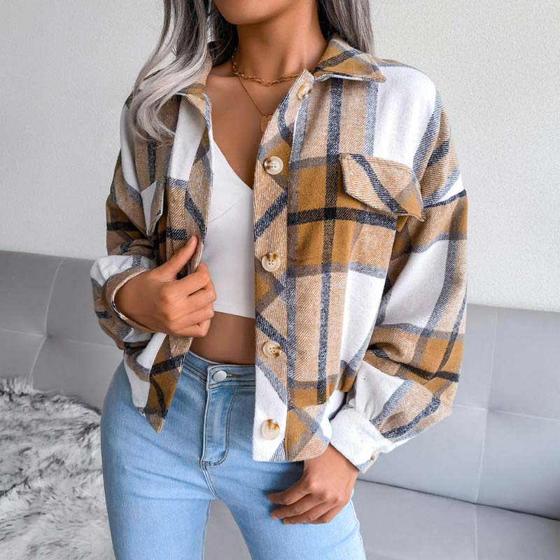 EB | Karierter Kurze Jacke mit Brusttaschen Polyester Karriert, Modern