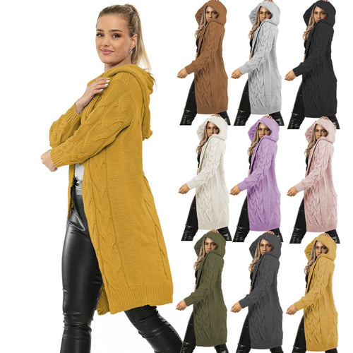 Damen Kapuzenstrickmantel mit modischem Zopfmuster und praktischen Taschen EB