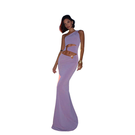 Damen Elegantes One-Shoulder-Maxikleid mit Raffungen und metallischem Detail EB
