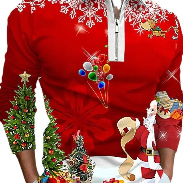 Herren Weihnachtliches Langarmshirt mit festlichem Grafikdesign und praktischem Reißverschluss EB