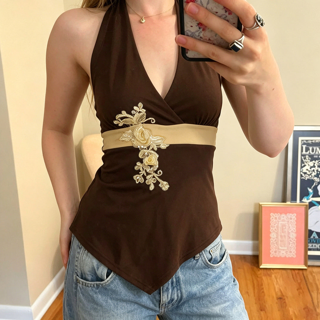 Damen eleganter Halter-Badeanzug mit luxuriösen Stickereien EB