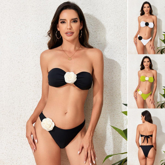 Damen Bandeau Bikini mit blumigen Akzenten und hohem Beinausschnitt EB