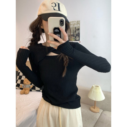 Damen Langarmshirt mit offener Schulterpartie und Rippstrickmuster EB