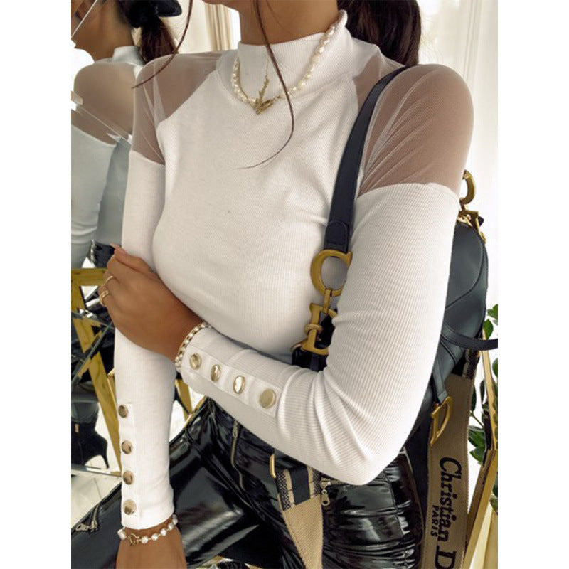 Damen Langarmshirt mit transparenten Ärmeln und Knopfdetails EB