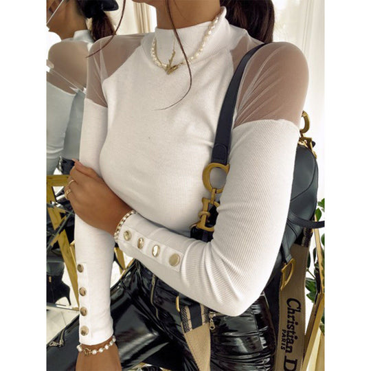 Damen Langarmshirt mit transparenten Ärmeln und Knopfdetails EB