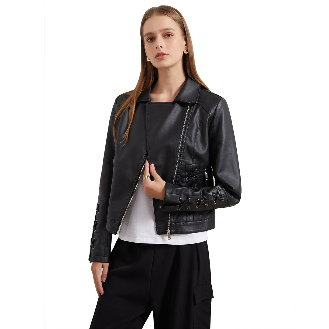 Damen modische Kunstlederjacke mit raffinierten Schnürdetails EB