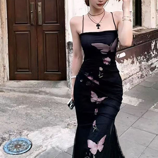 Damen elegantes Wickelkleid mit floralem Schmetterlingsdruck und verstellbaren Spaghetti-Trägern EB