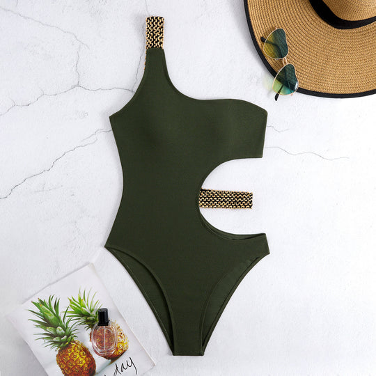 Damen Einteiliger Badeanzug mit asymmetrischem Cut-Out und modischen Kettenakzenten EB