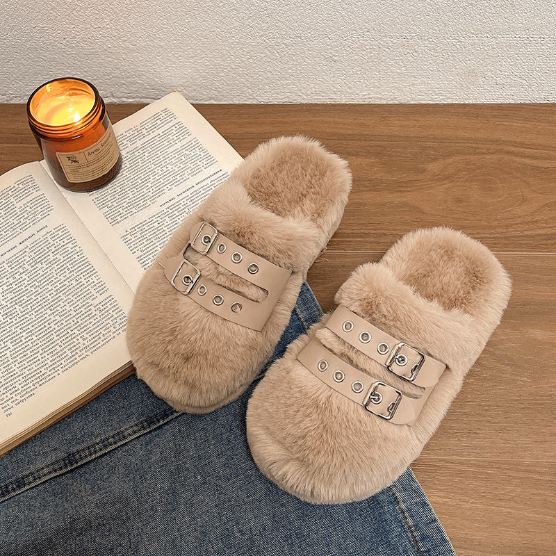 Damen Hausschuhe mit weichem Flausche-Futter und modischen Doppelschnallen EB