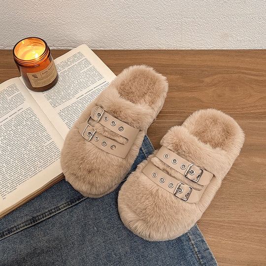 Damen Hausschuhe mit weichem Flausche-Futter und modischen Doppelschnallen EB