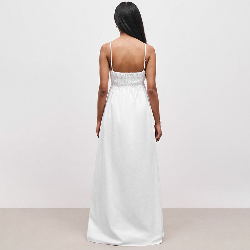 Damen Maxi-Kleid mit gerafftem Oberteil und seitlichen Taschen EB
