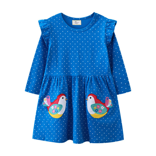 Mädchen Baumwollkleid mit verspielten Vogelapplikationen EB