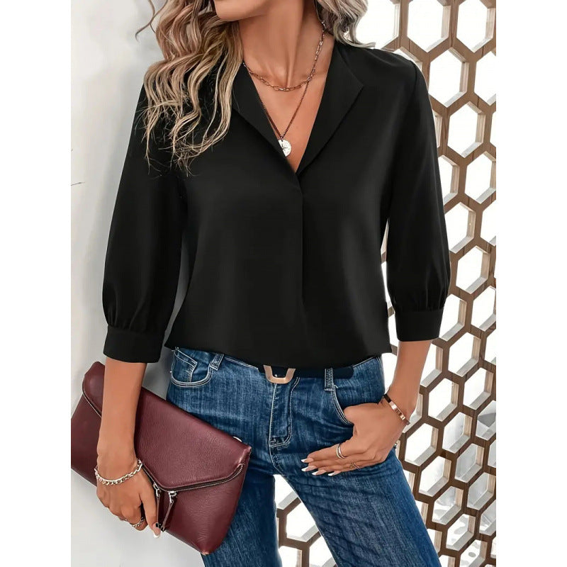 Damen Elegante Viskosebluse mit 3/4-Ärmeln und V-Ausschnitt EB