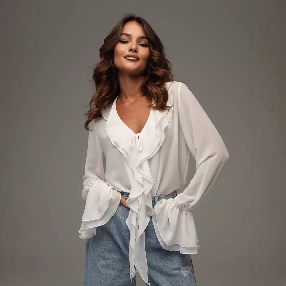 Damen leichtes Chiffon-Blusenshirt mit Rüschen und Kordelzug EB