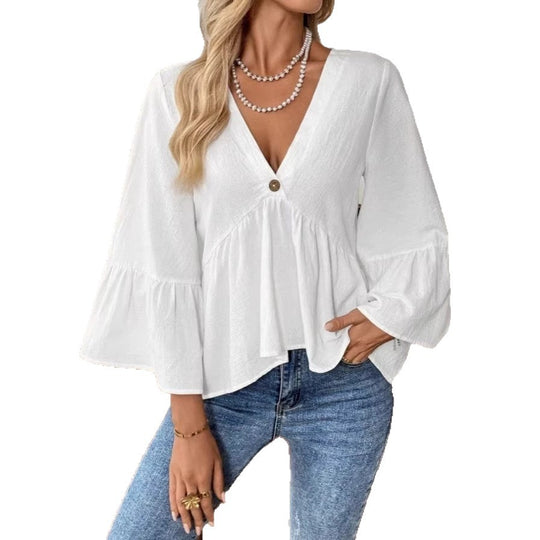 Damen nan elegante Empire-Bluse mit V-Ausschnitt, geraffter Brustnaht und Glockenärmeln EB