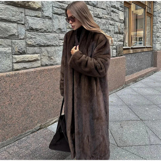Damen Luxuriöser Kunstfellmantel mit weitem Schnitt und eleganten Details EB