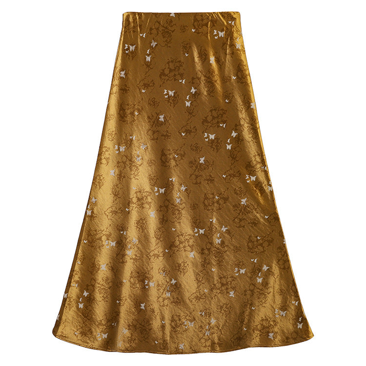 Damen  A-Linien Midirock aus Jacquard-Satin mit floralen und Schmetterlingsreliefs EB