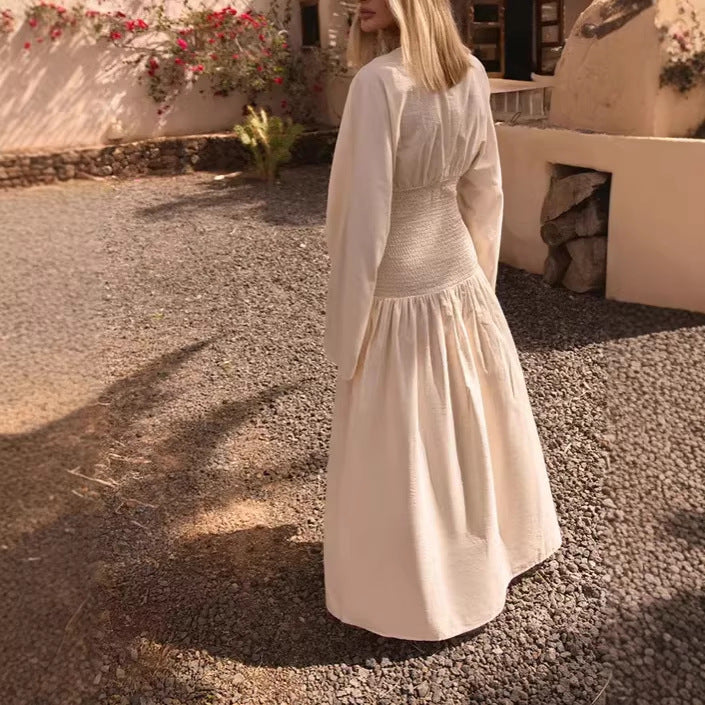 Damen Langes Boho-Maxi-Kleid mit Smock-Taillenband, tiefem V‑Ausschnitt und weiten Ballonärmeln EB