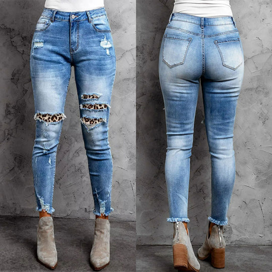Damen Skinny Jeans im aufregenden Animal-Print mit stylishen Rissen EB