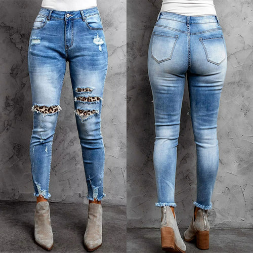 Damen Skinny Jeans im aufregenden Animal-Print mit stylishen Rissen EB