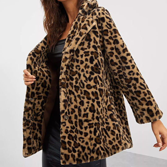 Damen Modischer Teddy-Mantel mit Leoprint und elegantem Schnitt EB