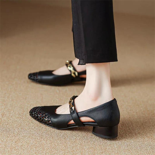 Damen elegante Ballerinas mit modischem Riemchen und stilvollem Absatz EB