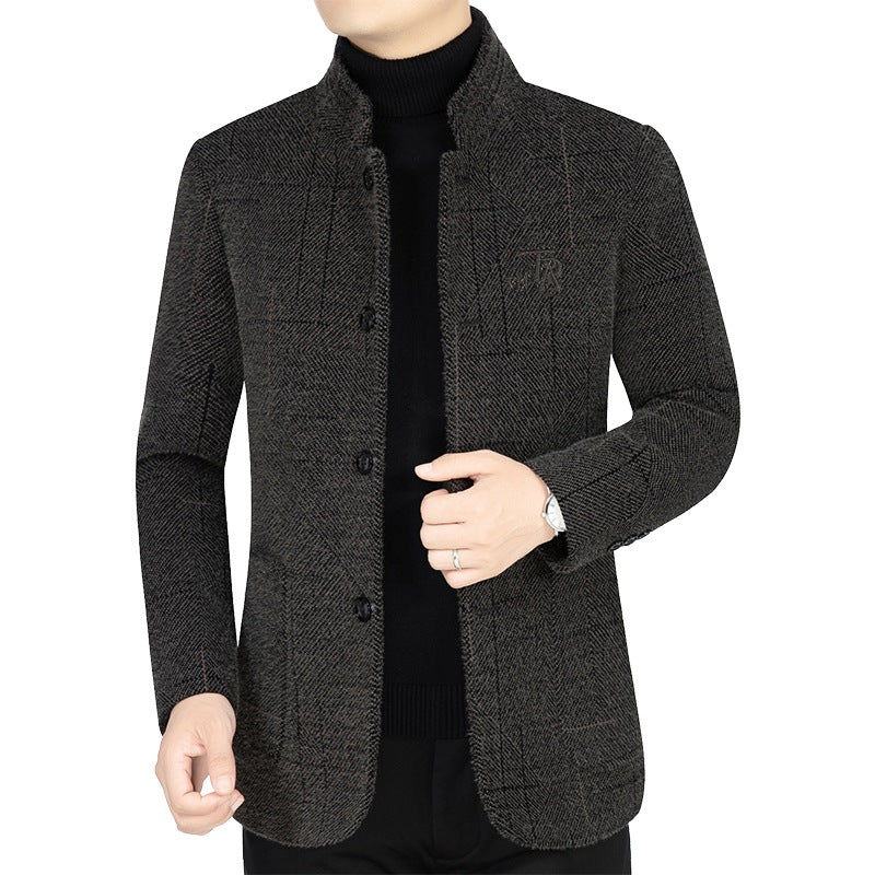 Herren Sakko-Jacke im Blazer-Look mit Stehkragen und Fischgrätstruktur EB